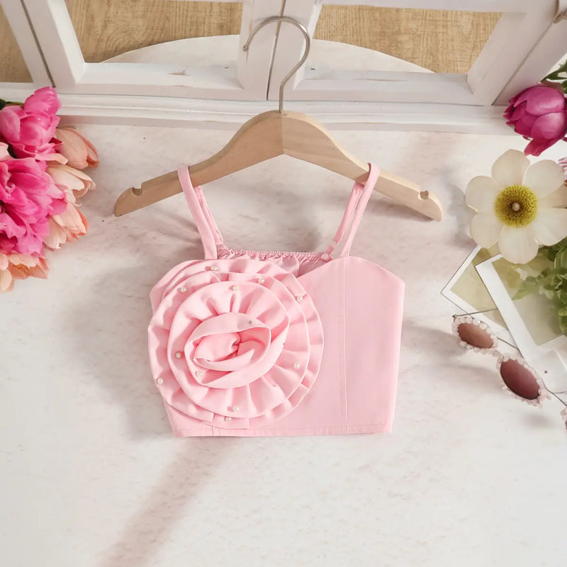 Girls Pink 3D Flower Applique Embellished Top With Denim Skirt Sets Sets