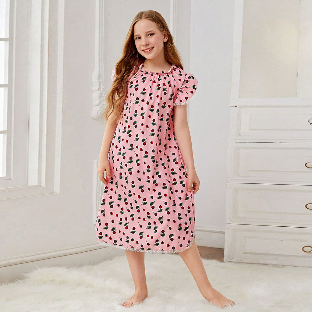 Girls Pink Cherry Printed Short Sleeves Nightdress Casual Dresses Pink 7-8 Y