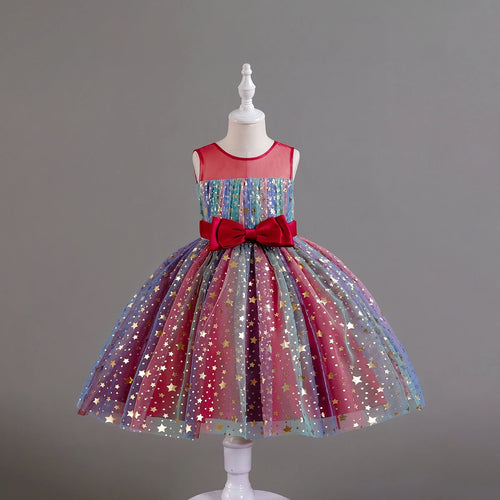 Girls Red Star Foil Print Sleeveless Fit & Flare Party Wear Dress Party Dresses Red 2-3 Y