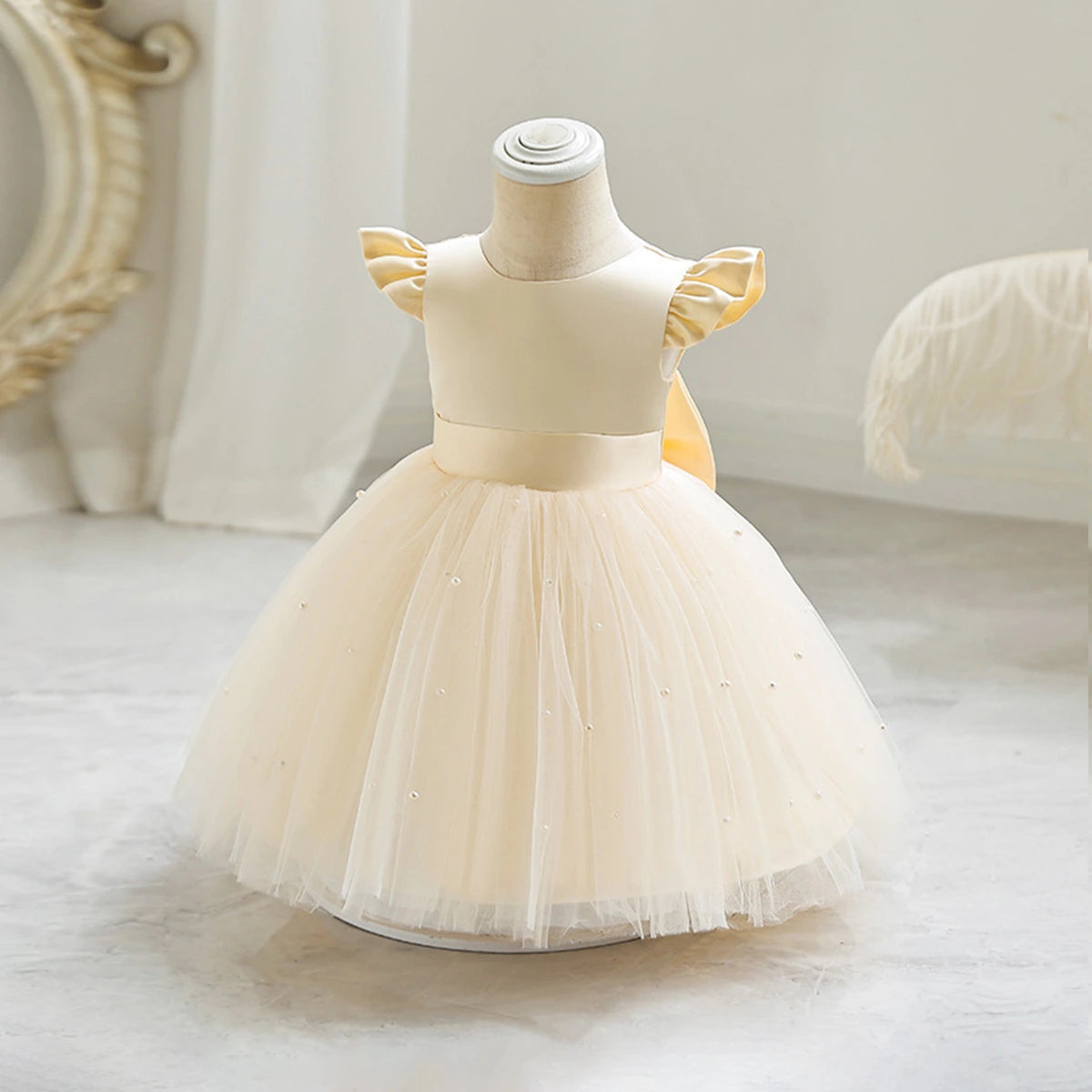 Girls Cream Pearl-Embellished Flutter Sleeve Fit & Flare Dress Casual Dresses Cream 2-3 Y