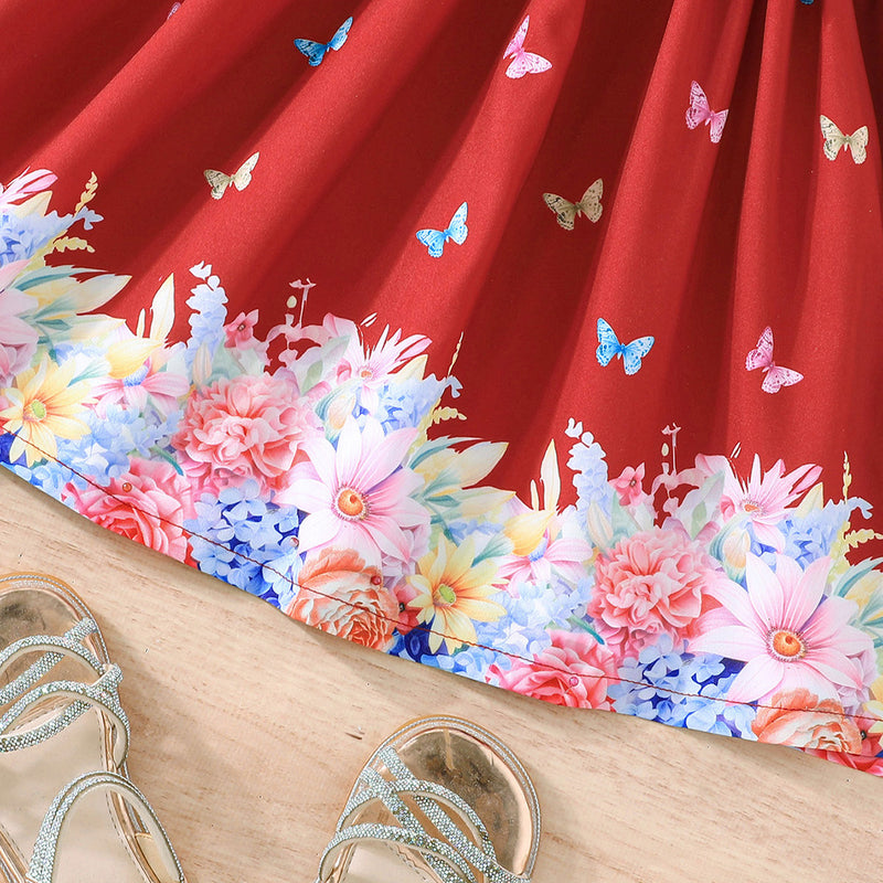 Girls Red Butterfly Printed Flutter Sleeves Dress Casual Dresses