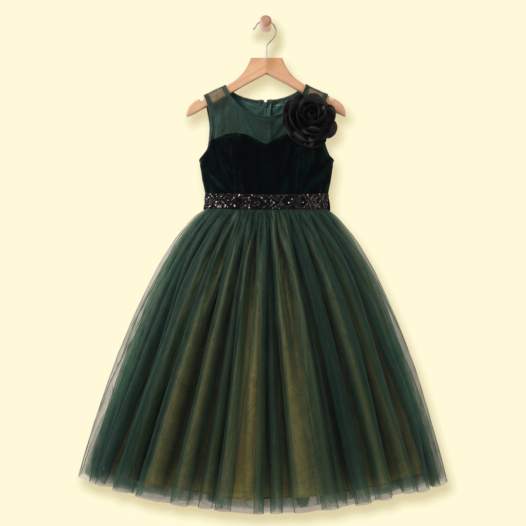 Girls Dark Green 3D Floral Detail Sleeveless Party Gown Party Dresses Dark Green 1-2 Y