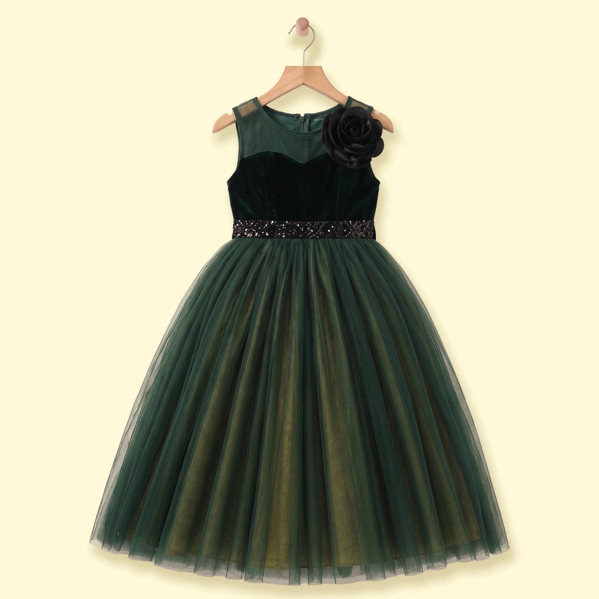 Girls Dark Green 3D Floral Detail Sleeveless Party Gown Party Dresses Dark Green 1-2 Y