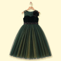 Girls Dark Green 3D Floral Detail Sleeveless Party Gown Party Dresses Dark Green 1-2 Y