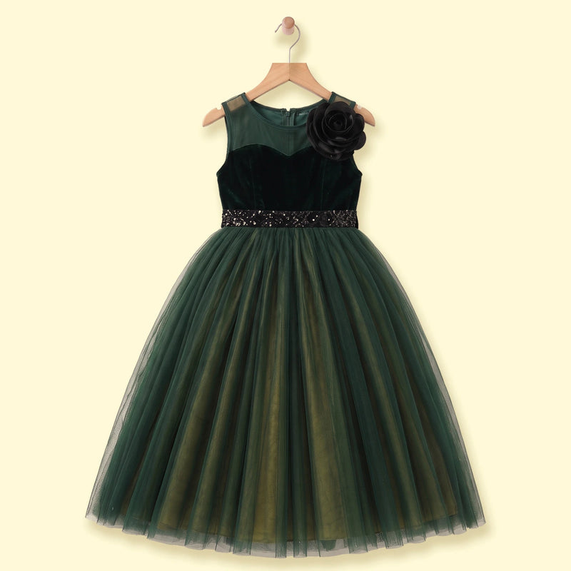 Girls Dark Green 3D Floral Detail Sleeveless Party Gown Party Dresses Dark Green 1-2 Y