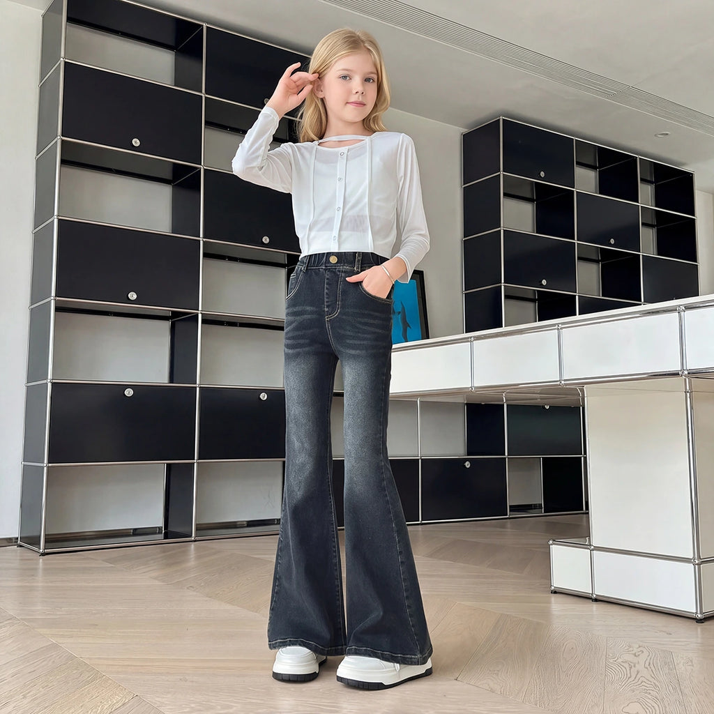 Girls Black Flared Denim Jeans Pants Black 5-6 Y