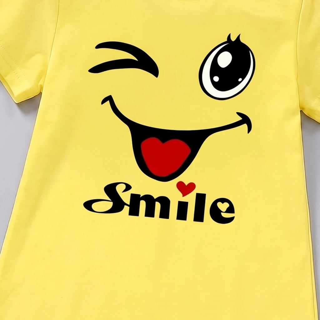 Girls Yellow Smile Print Short Sleeve T-Shirt Dress Casual Dresses