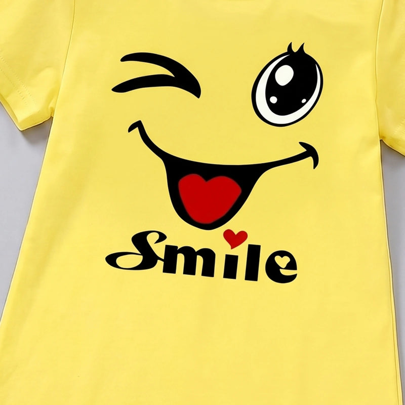 Girls Yellow Smile Print Short Sleeve T-Shirt Dress Casual Dresses