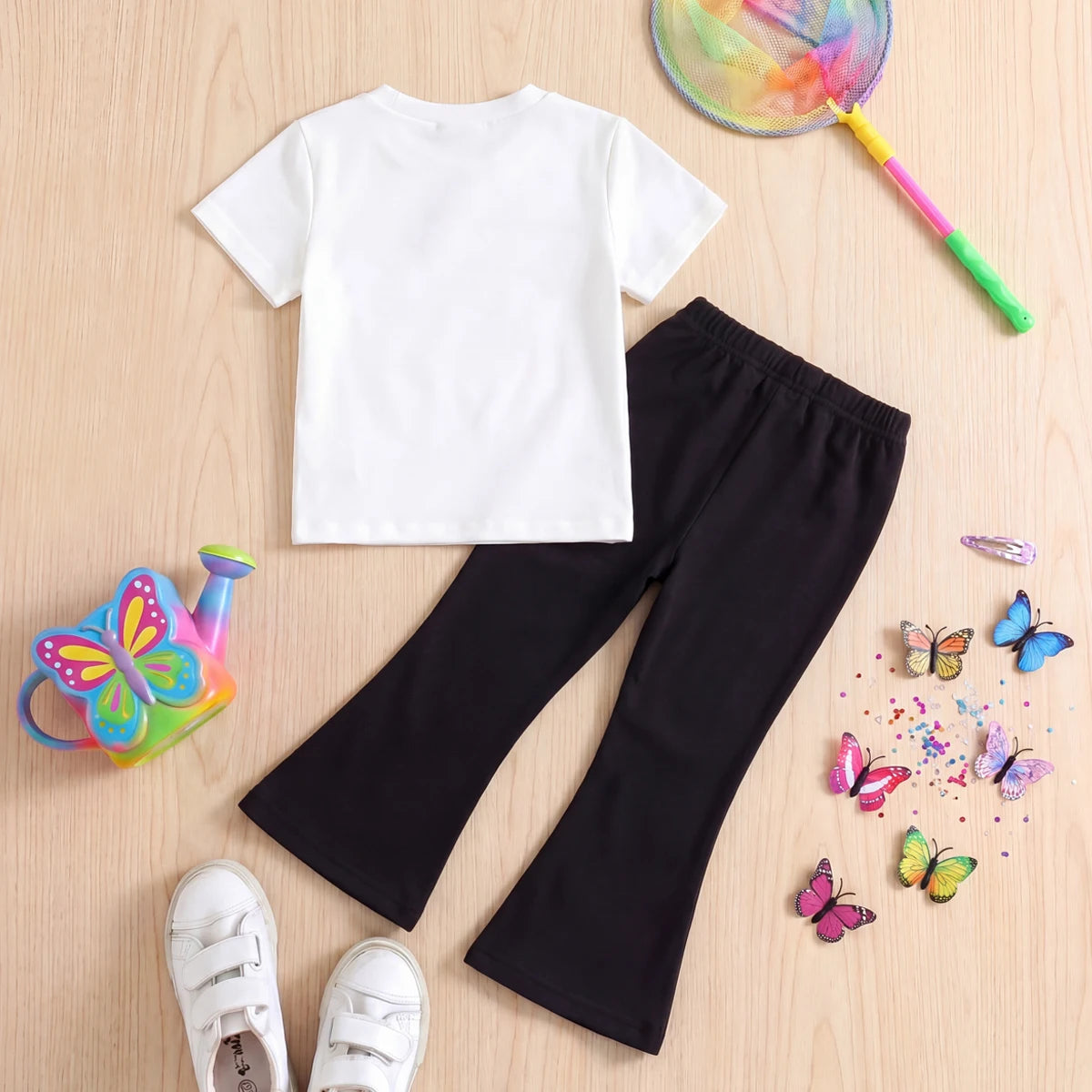 Girls White Short Sleeve Butterfly Print T-Shirt With Pants Sets 2 pc. Sets