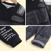 Boys Black Typographic Sweatshirt With Denim Pants Sets 2 pc. Sets