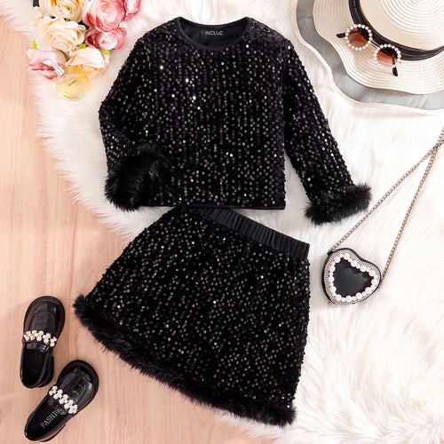 Girls Black Sequins Embellished Top With Skirt Sets 2 pc. Sets Black 3-4 Y