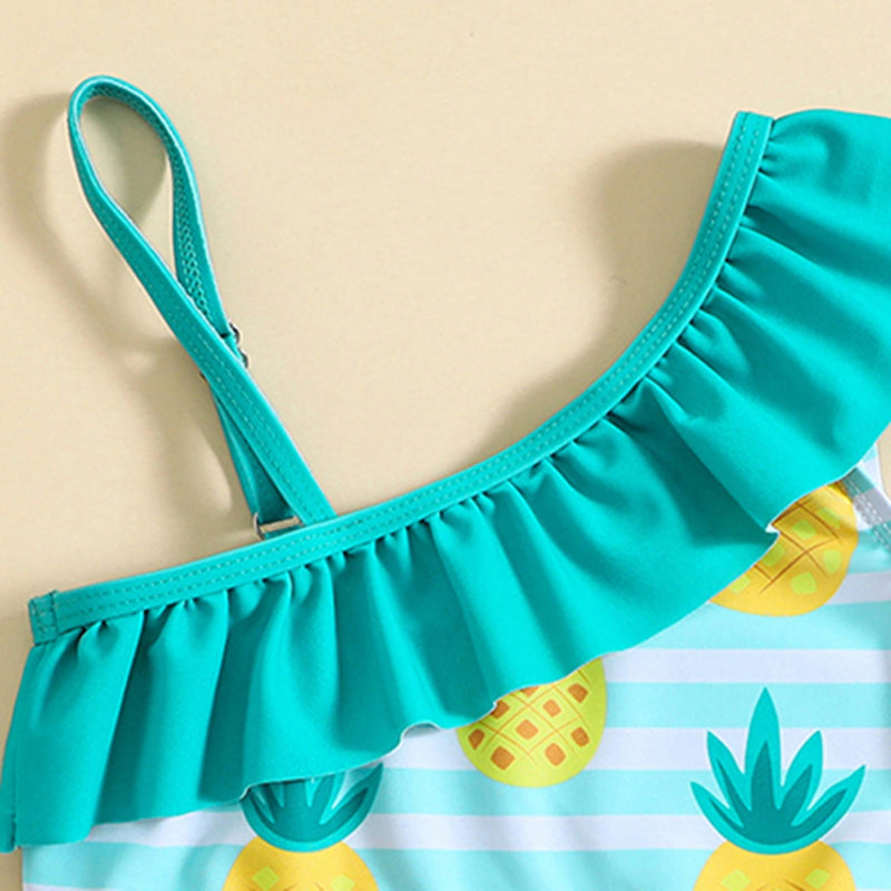 Girls Sky Blue Pineapples Printed Top With Briefs Two-Piece Swimwear Sets Sets
