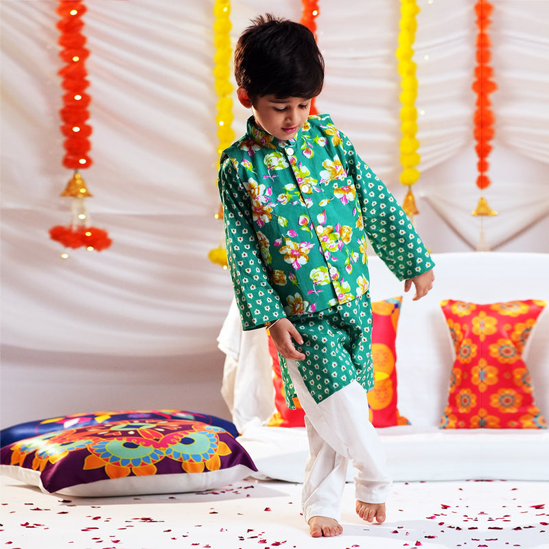Boys Bandhani Print Kurta with Floral Print Nehru Jacket & Pajama Set Ethnicwear Boys