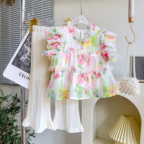 Girls Floral Printed Ruffle Peplum Top with Off-White Pleated Wide-Leg Pants Sets 2 pc. Sets Off White 1-2 Y
