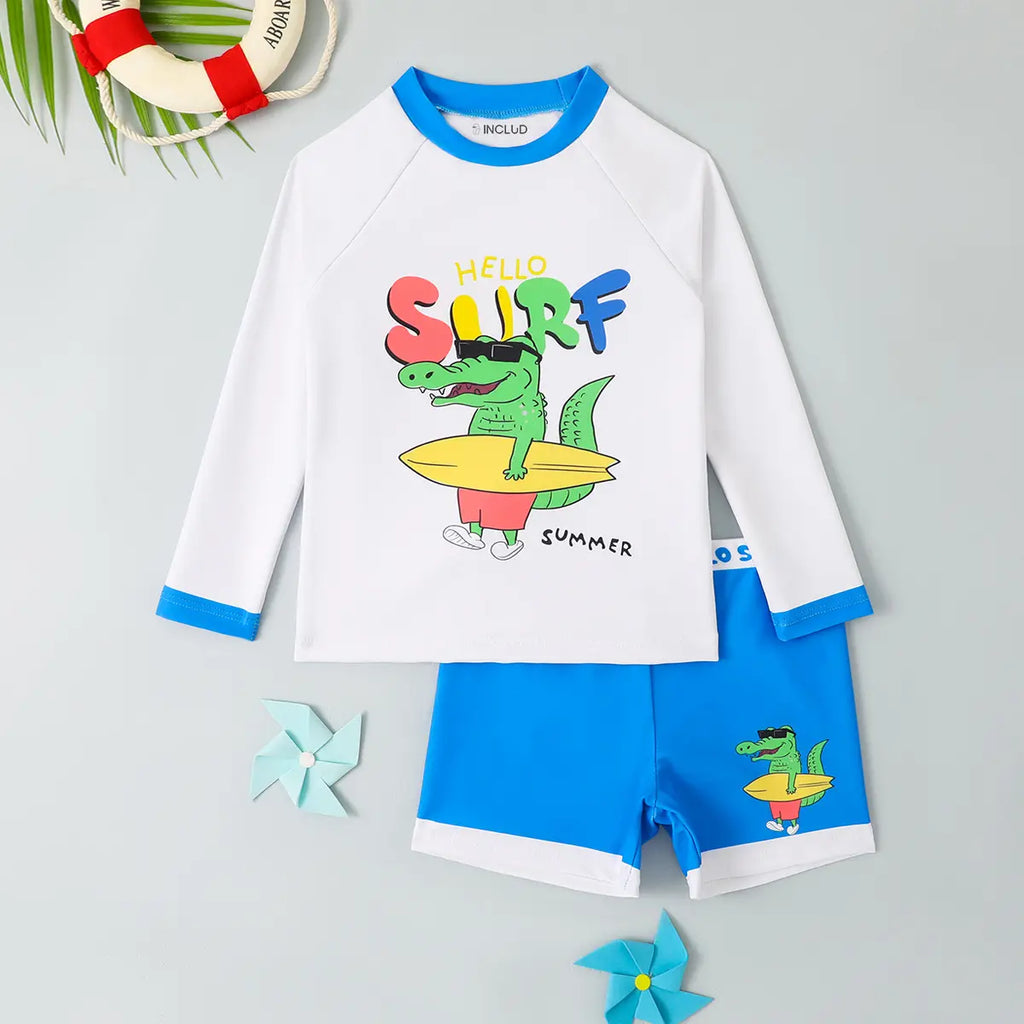 Boys White Graphics Long Sleeves T-Shirt & Short Swimwear Sets Beachwear White 3-4 Y