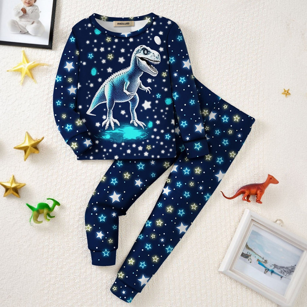 Boys Black Dinosaur Printed Glow in the Dark T-Shirt & Pajama Winter Set 2 pc. Sets
