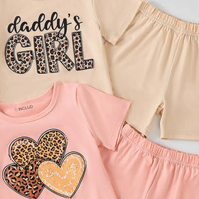 Girls Multicolour Heart Print Short Sleeve T-Shirt With Shorts Sets Pack Of 2 Sets