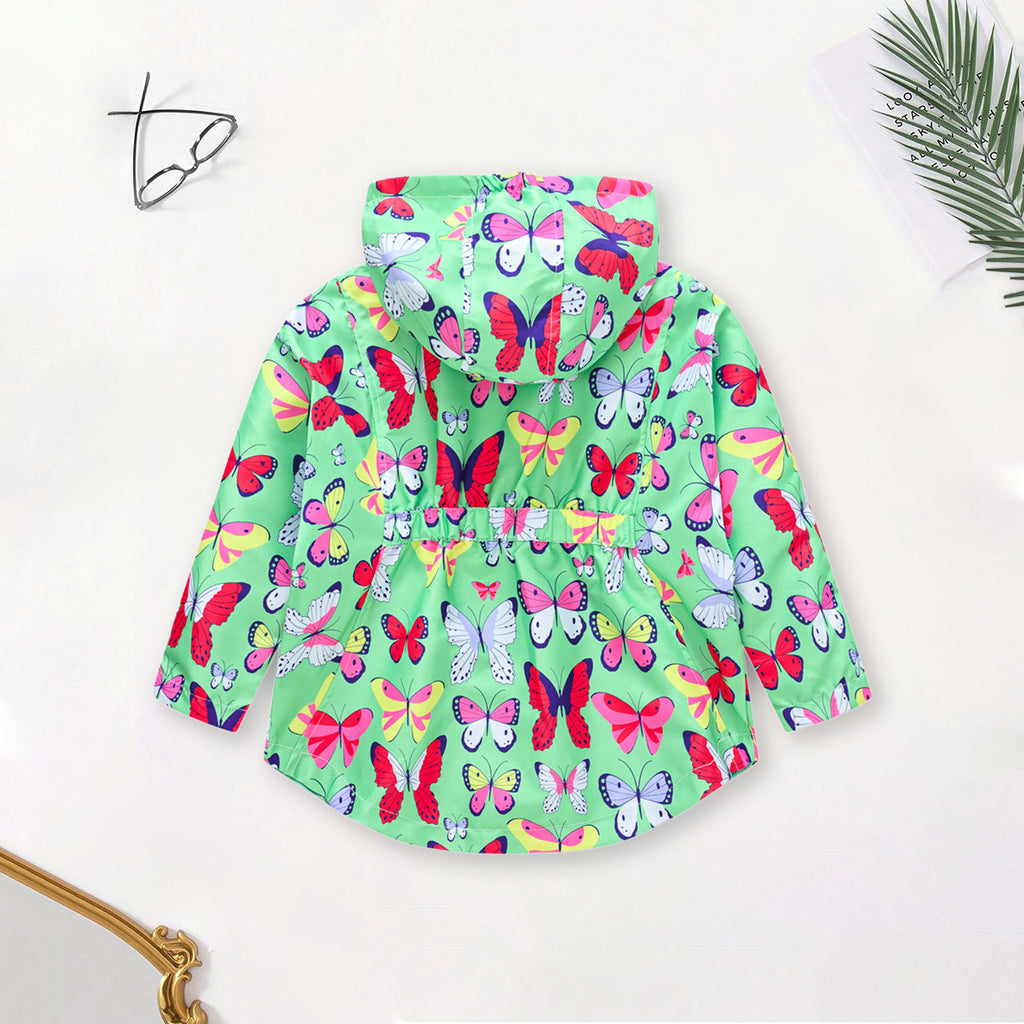 Girls Green Butterfly Printed Front Zipper Hooded Jacket Coats & Jackets