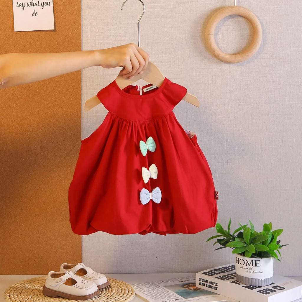 Girls Red Bow Applique Sleeveless Balloon Dress Casual Dresses Red 1-2 Y