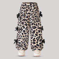 Girls Khaki Leopard Print Side Bows Details Loose Fit Pants Pants Khaki 3-4 Y