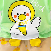 Boys Green Short Sleeve Duck Print T-Shirt With Printed Shorts Sets   