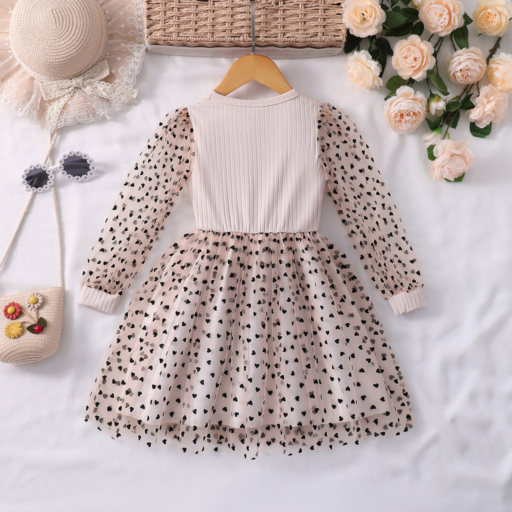 Girls Pink Long Sleeve Heart Print Fit & Flare Tulle Dress Casual Dresses
