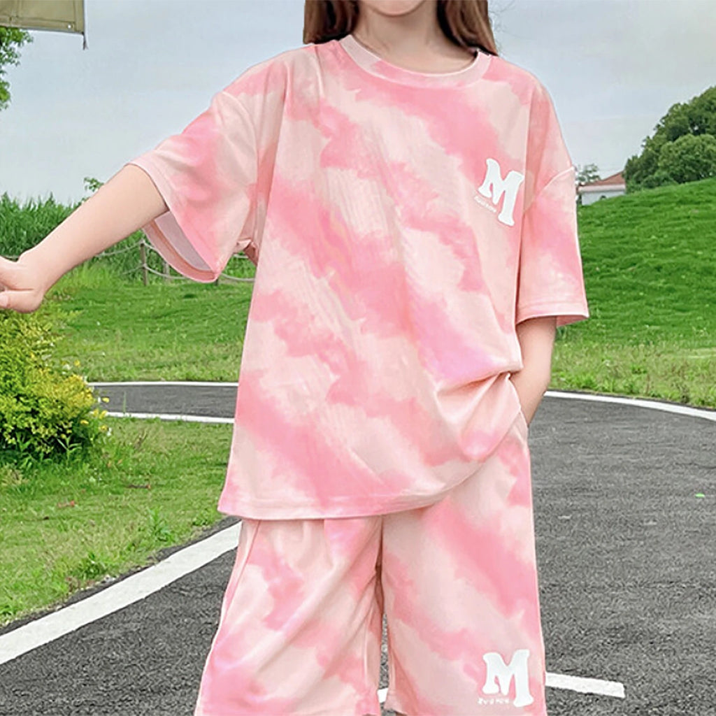 Girls Pink Tie-Dye T-shirts With Elasticated Shorts Sets Sets
