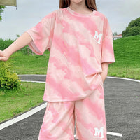 Girls Pink Tie-Dye T-shirts With Elasticated Shorts Sets Sets