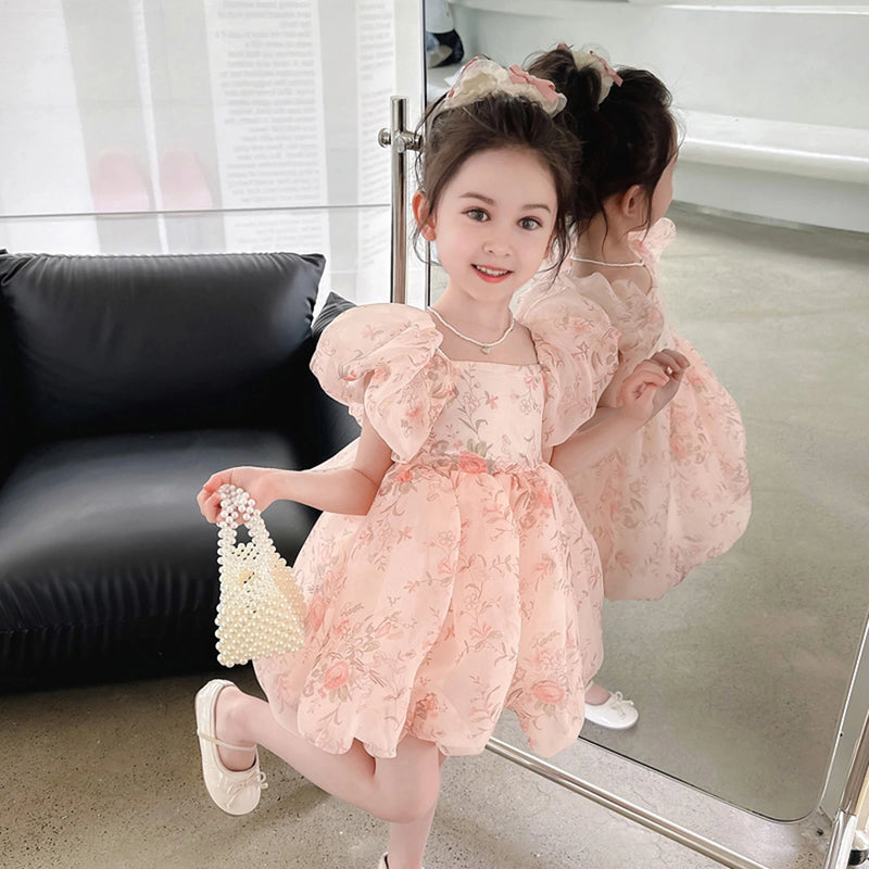 Girls Pink Floral Print Puff Sleeves Fit & Flare Party Wear Dress Party Dresses