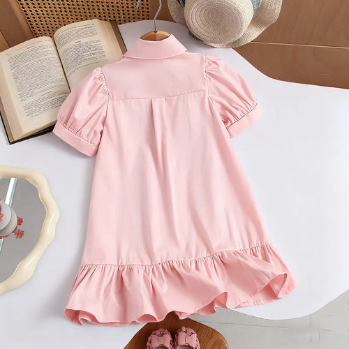 Girls Light Pink Bunny Applique Short Sleeve Shirt Dress Casual Dresses
