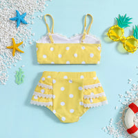 Girls Yellow Polka Dot Top & Briefs With Lace Tims Two-Piece Swimwear Sets Sets