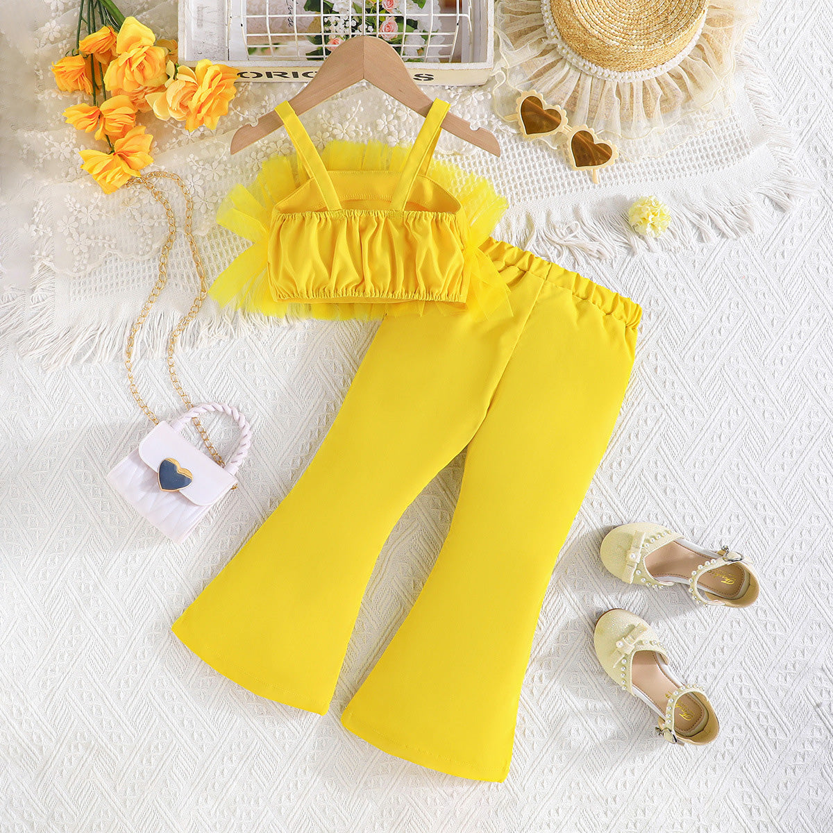 Girls Yellow Strappy Top With Wide Bottom Trouser 2 pc. Sets