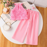 Girls Pink Rose Applique Halter Neck Top With Pants Sets 2 pc. Sets