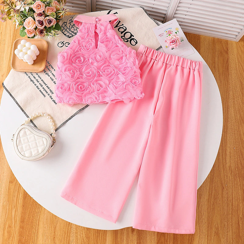 Girls Pink Rose Applique Halter Neck Top With Pants Sets 2 pc. Sets