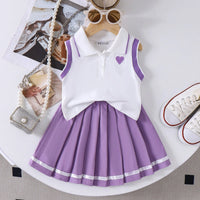 Girls Heart Embroidered Polo Top With Purple Pleated Skirt Sets 2 pc. Sets Purple 2-3 Y