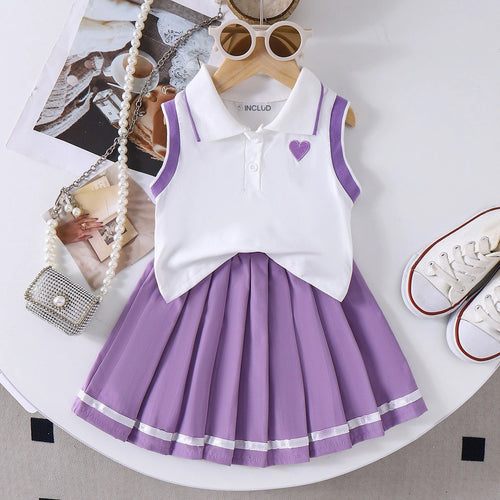 Girls Heart Embroidered Polo Top With Purple Pleated Skirt Sets 2 pc. Sets Purple 2-3 Y