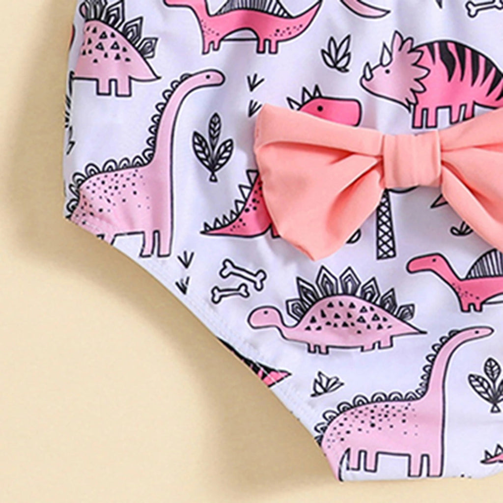 Girls Pink Halter Top With Dinosaur Print Briefs & Headband Swimwear Sets Sets