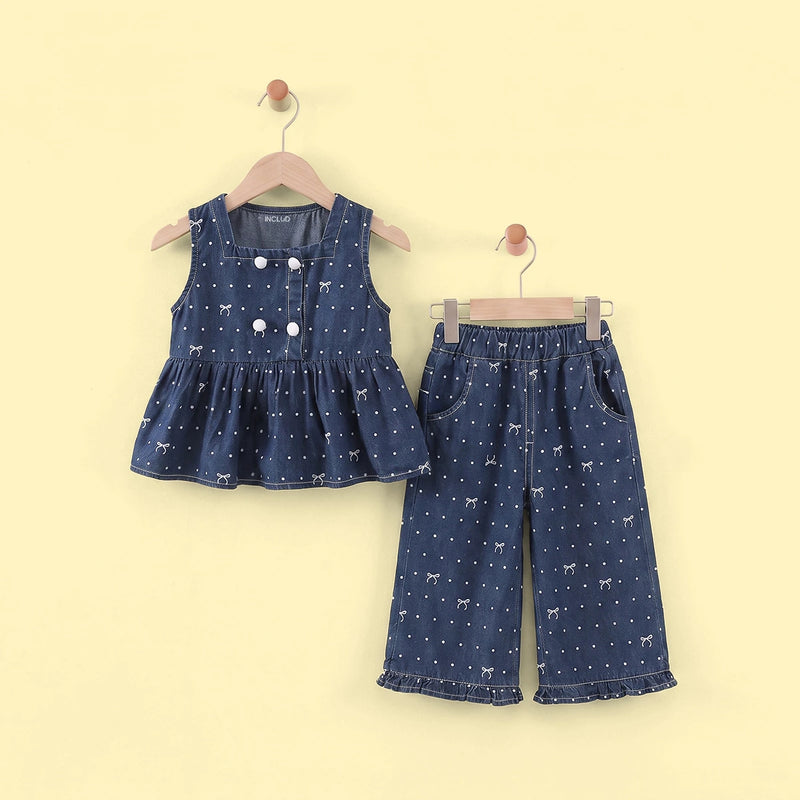Girls Dark Blue Polka Dot Print Top With Pants Sets 2 pc. Sets Dark Blue 1-2 Y
