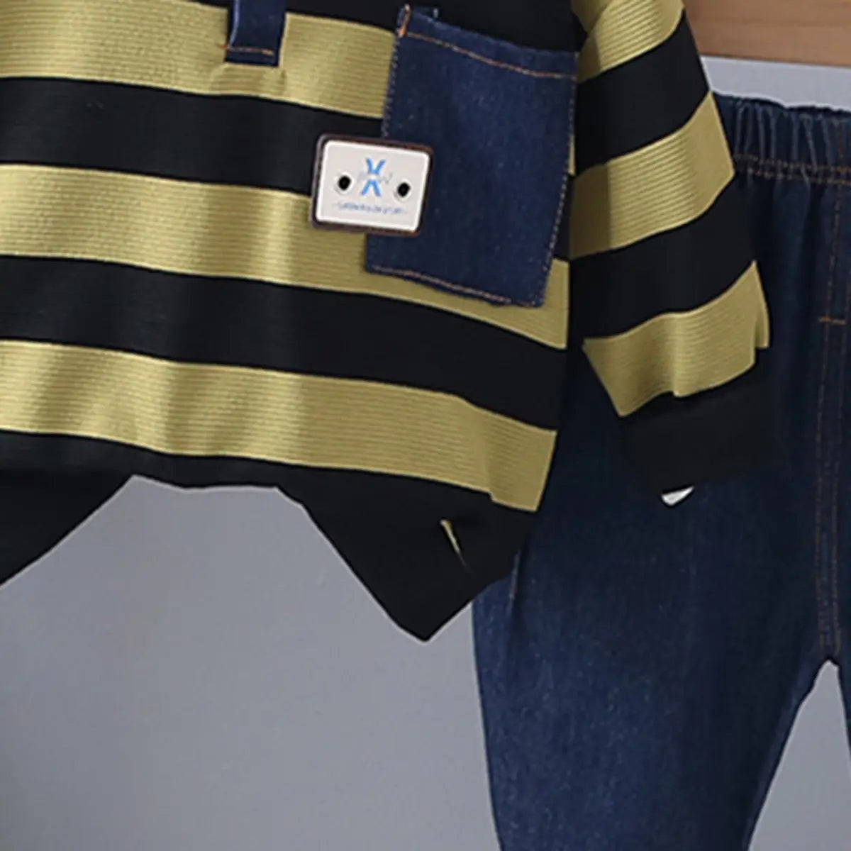 Boys Green Stripes Polo Sweatshirt With Denim Pants Set Sets