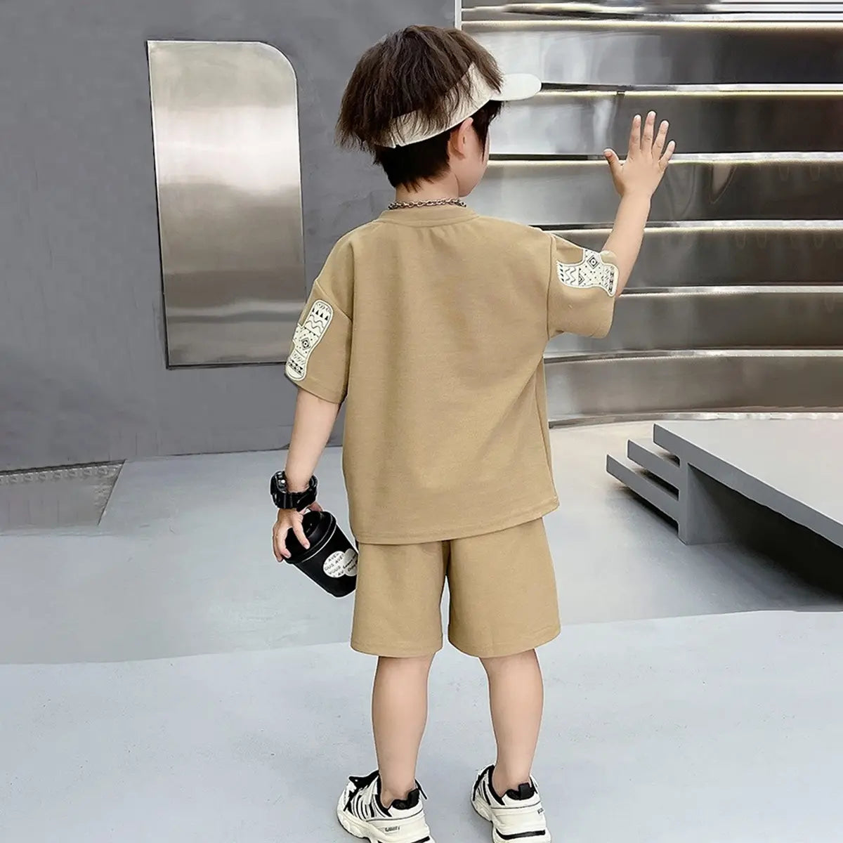 Boys Khaki Typographic Printed Short Sleeves T-Shirt With Shorts Co-ord Sets Sets