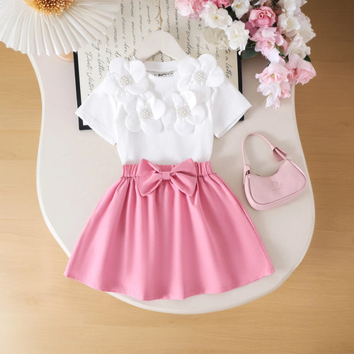 Girls White Floral Applique Short Sleeve Top With Skirt Sets 2 pc. Sets White 3-4 Y