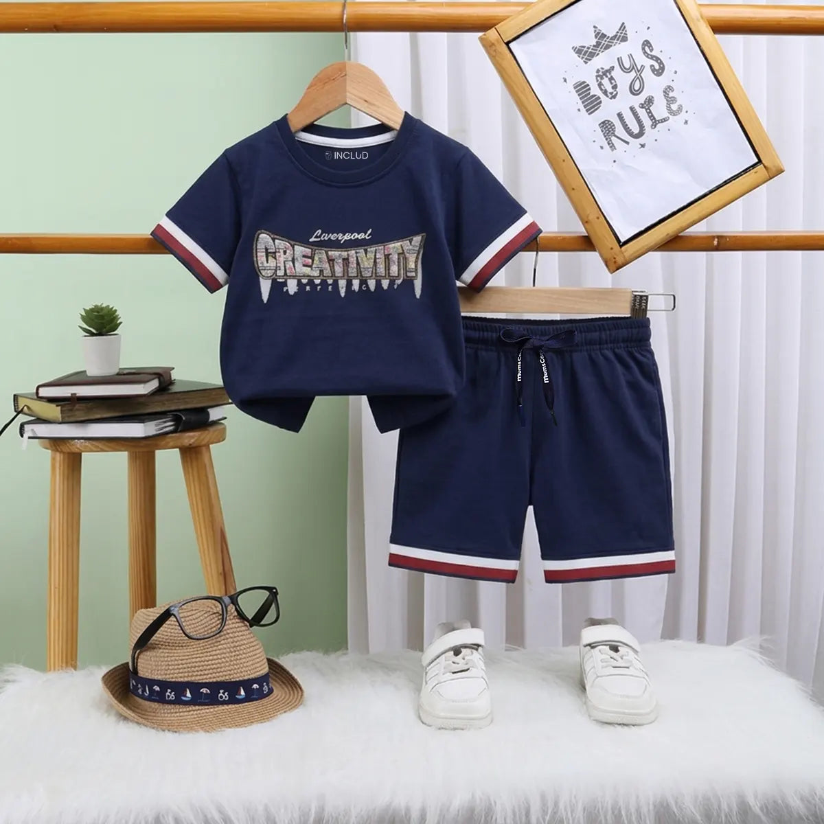 Boys Navy Typographic Short Sleeve T-Shirt With Drawstring Shorts Sets Sets