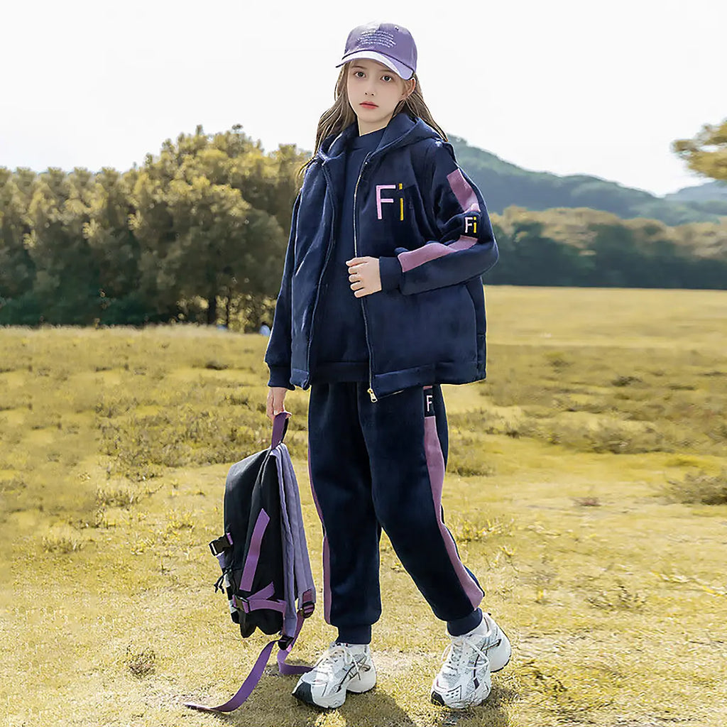 Girls Navy Blue Fi Letters Printed Sweatshirt With Hooded Vest & Jogger Co-ord Sets Sets