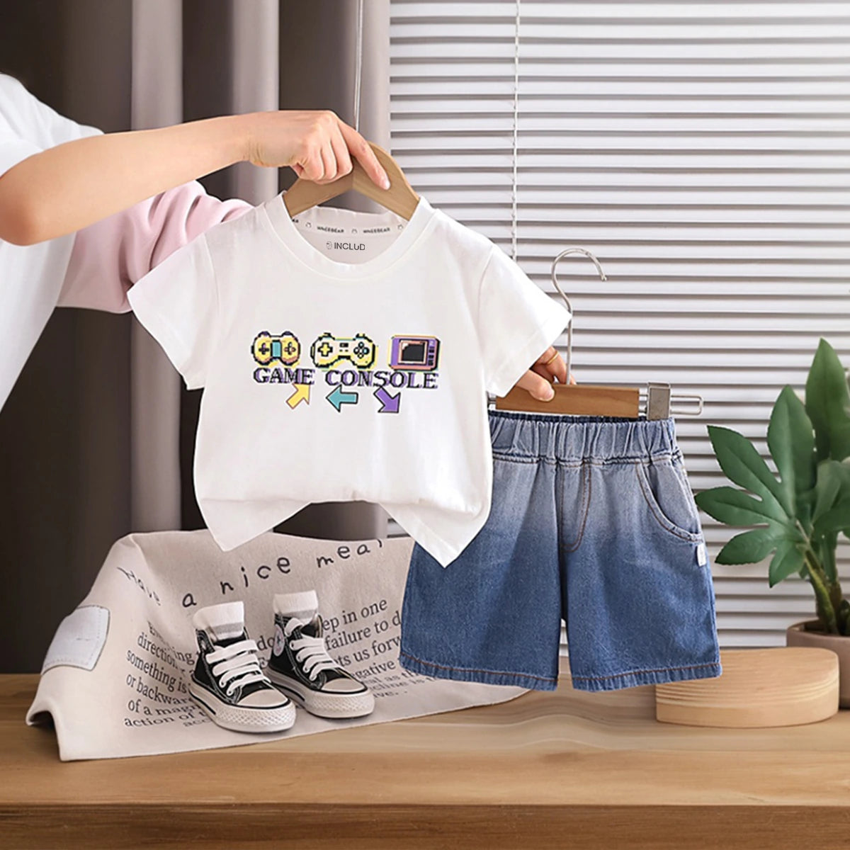 Boys White Gaming Console Print T-Shirt With Denim Shorts Set Sets White 1-2 Y