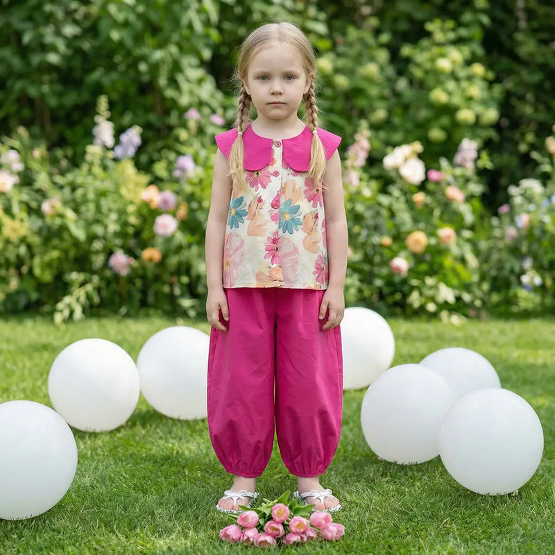 Girls Pink Floral Print Sleeveless Top With Elasticated Hem Pants Set Sets Pink 3-4 Y