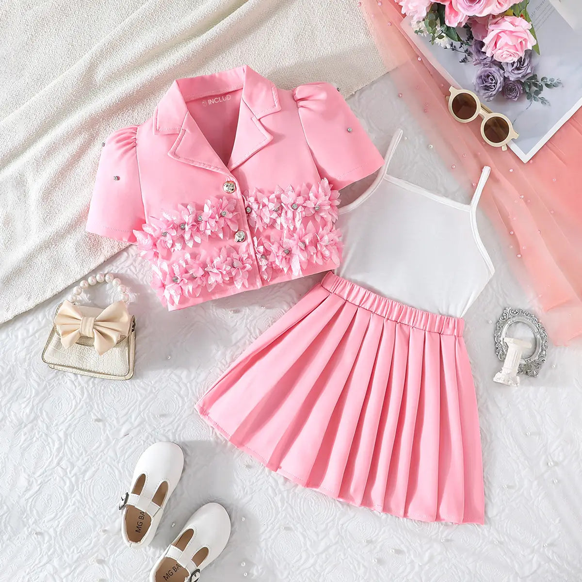 Girls Pink Floral Applique Top With Camisole Top And Pleated Skirt Sets 3 pc. Sets Pink 2-3 Y