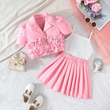 Girls Pink Floral Applique Top With Camisole Top And Pleated Skirt Sets