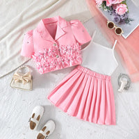 Girls Pink Floral Applique Top With Camisole Top And Pleated Skirt Sets 3 pc. Sets Pink 2-3 Y