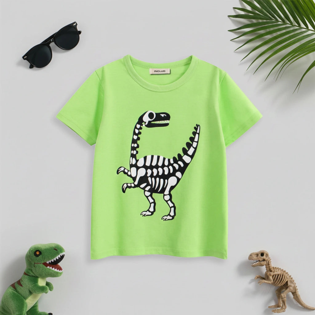 Boys Lime Green Dinosaur Cartoon Printed Short Sleeves T-Shirt Tshirts Lime Green 1-2 Y