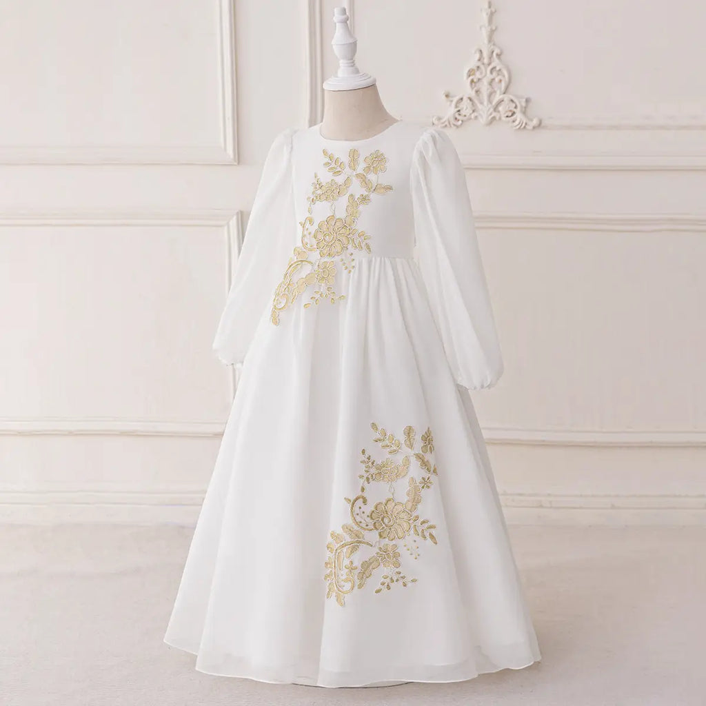 Girls White Long Sleeve Embroidered Maxi Dress Casual Dresses